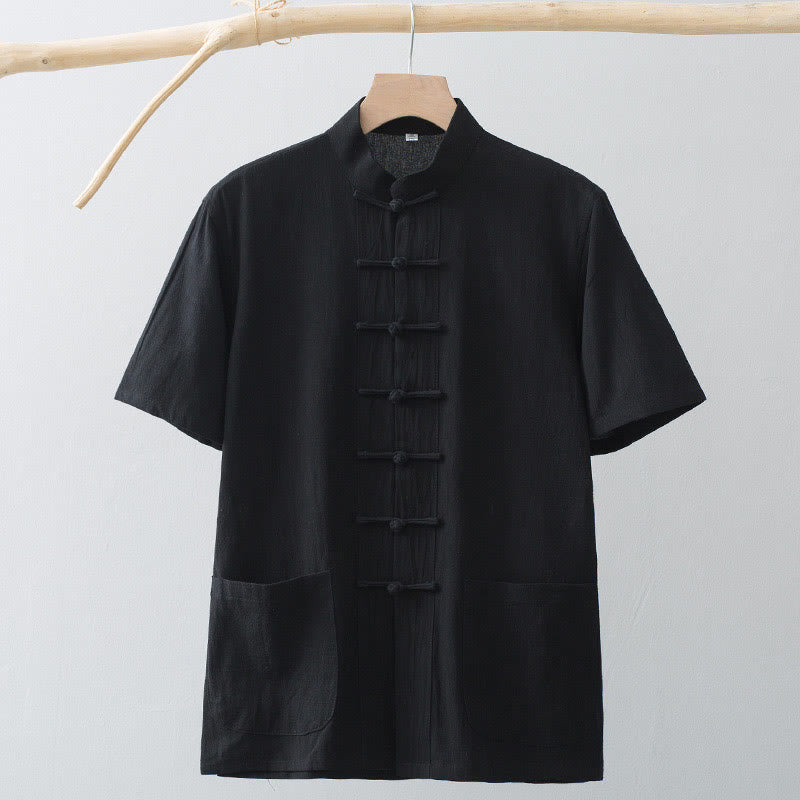 Buddha Stones Chinese Frog-Button Tang Suit Men's Short Sleeve Shirt Cotton Linen Clothing With Pockets - image 17