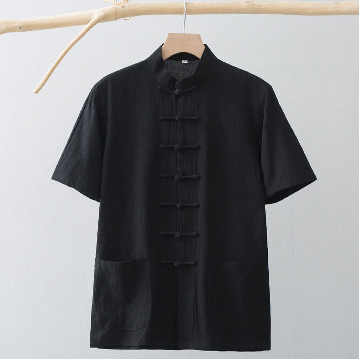 Buddha Stones Chinese Frog-Button Tang Suit Men's Short Sleeve Shirt Cotton Linen Clothing With Pockets - image 16