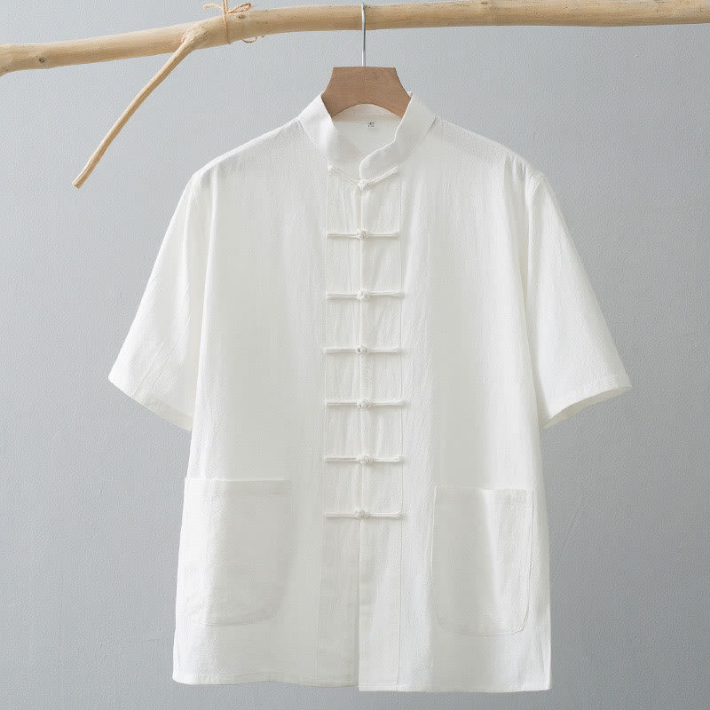 Buddha Stones Chinese Frog-Button Tang Suit Men's Short Sleeve Shirt Cotton Linen Clothing With Pockets - image 2