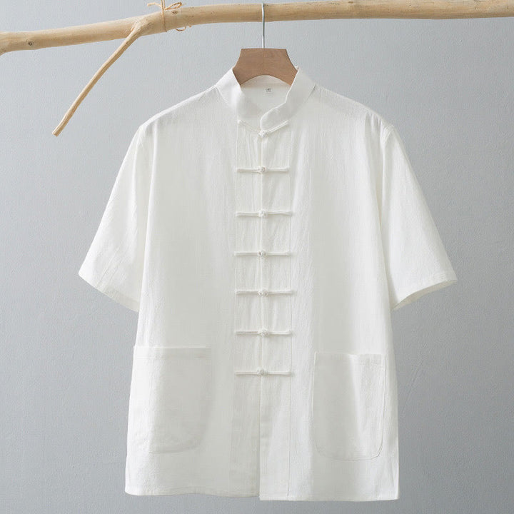 Buddha Stones Chinese Frog-Button Tang Suit Men's Short Sleeve Shirt Cotton Linen Clothing With Pockets - image 2