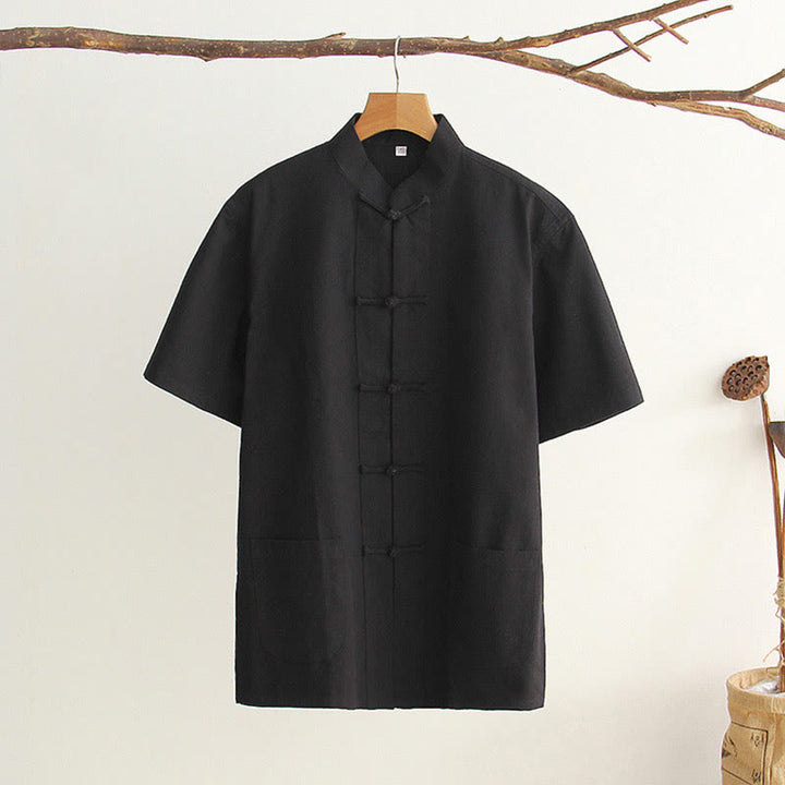 Buddha Stones Chinese Frog-Button Tang Suit Men's Short Sleeve Cotton Shirt With Pockets