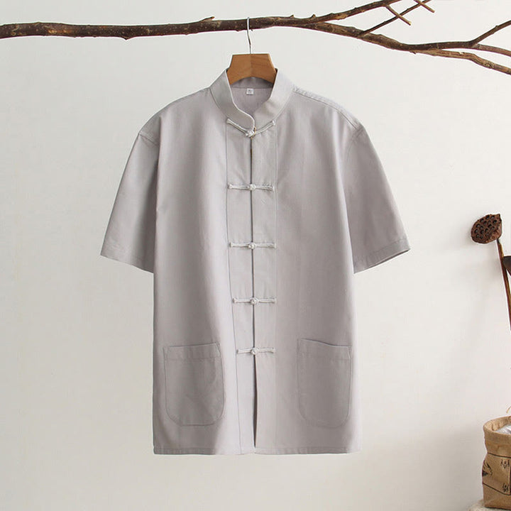 Buddha Stones Chinese Frog-Button Tang Suit Men's Short Sleeve Cotton Shirt With Pockets - LightGrey - US/UK/AU44，EU54 (4XL) - image 8