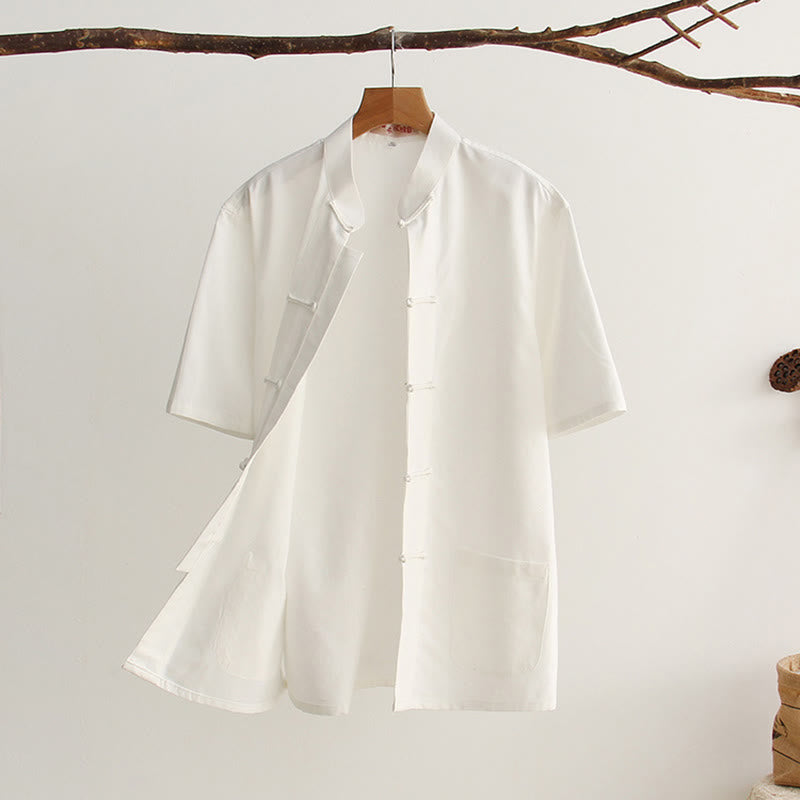 Buddha Stones Chinese Frog-Button Tang Suit Men's Short Sleeve Cotton Shirt With Pockets - White - US/UK/AU44，EU54 (4XL) - image 1