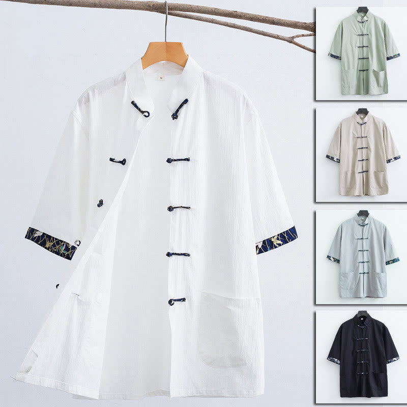 Buddha Stones Frog-Button Tang Suit Men's Short Sleeve Cotton Shirt White Crane Cuffs Clothing With Pockets