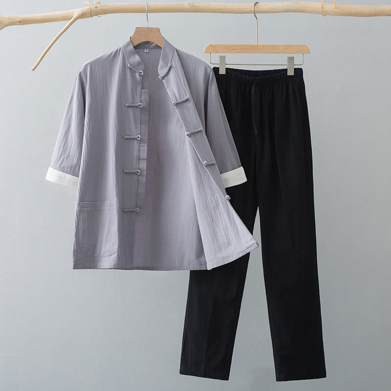 Buddha Stones Traditional Frog Tang Suit Cotton Half Sleeve Top Pants Clothing Men's Set - Gray Top&Black Pants - US/UK/AU44，EU54 (4XL)  - image 7