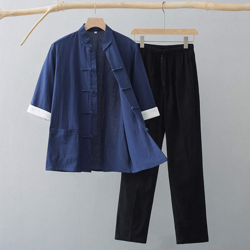 Buddha Stones Traditional Frog Tang Suit Cotton Half Sleeve Top Pants Clothing Men's Set - Navy Blue Top&Black Pants - US/UK/AU44，EU54 (4XL)  - image 8