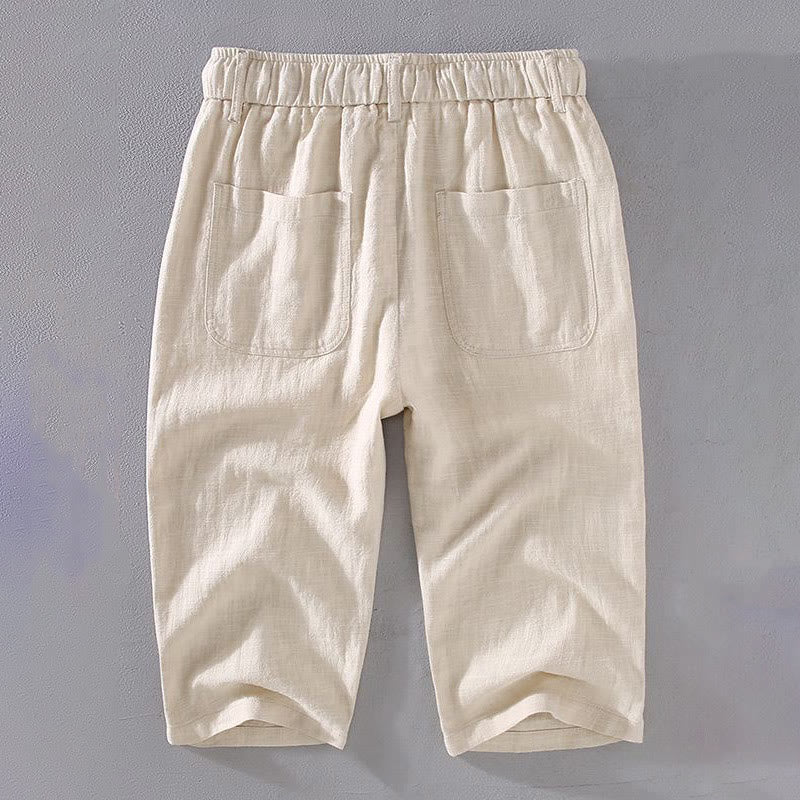 Buddha Stones Men's Solid Color Ramie Linen Drawstring Cropped Pants With Pockets - image 2