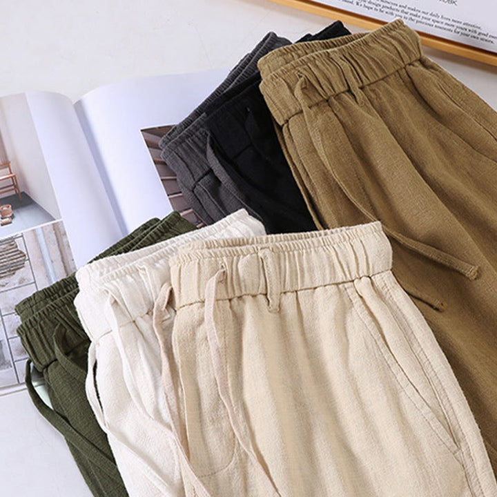 Buddha Stones Men's Solid Color Ramie Linen Drawstring Cropped Pants With Pockets - image 16