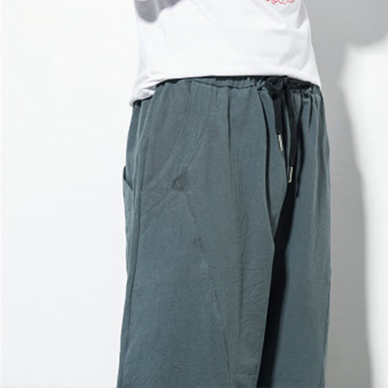 Buddha Stones Casual Men's Solid Color Linen Drawstring Pants With Pockets