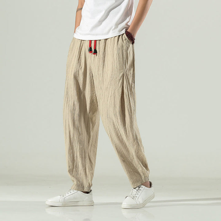 Buddha Stones Cotton Linen Men's Drawstring Harem Pants With Pockets