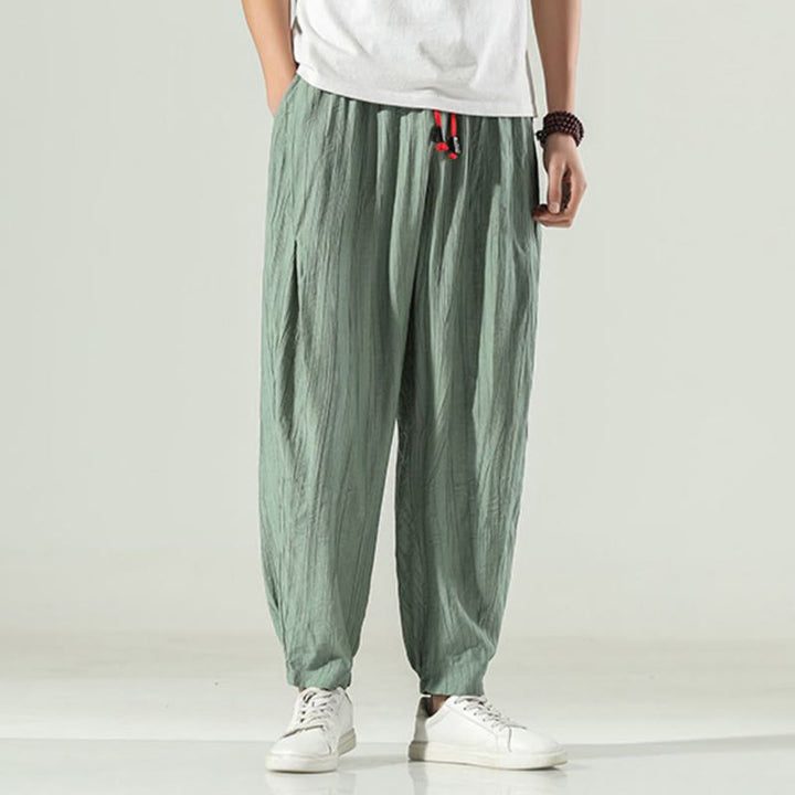 Buddha Stones Cotton Linen Men's Drawstring Harem Pants With Pockets