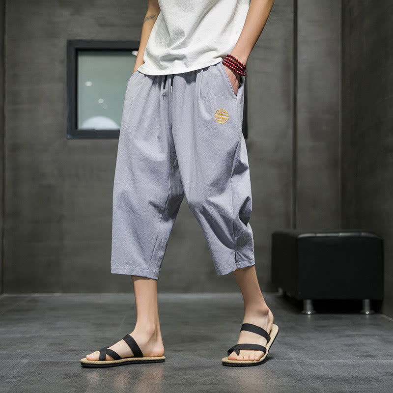 Buddha Stones Summer Men's Linen Drawstring Cropped Pants With Pockets