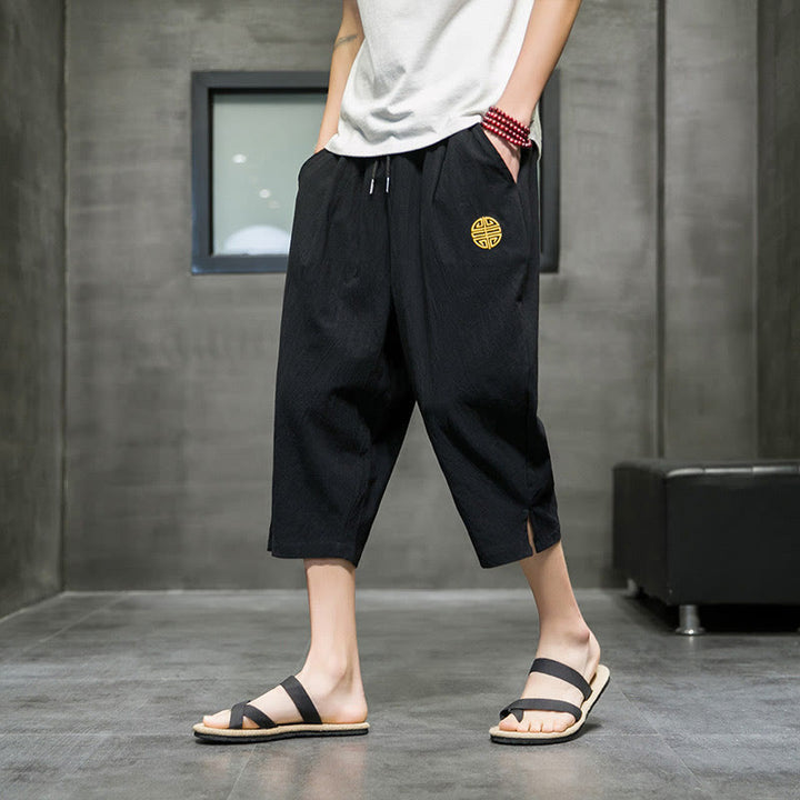 Buddha Stones Summer Men's Linen Drawstring Cropped Pants With Pockets - Black - US/UK/AU44，EU54 (5XL) - image 10