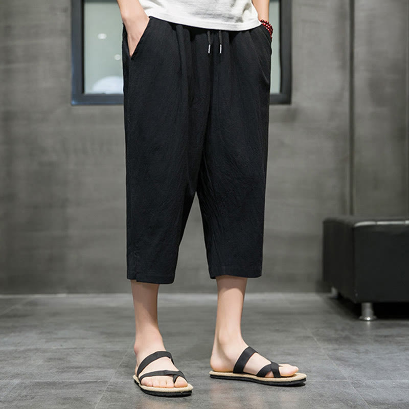 Buddha Stones Summer Men's Linen Drawstring Cropped Pants With Pockets - image 10