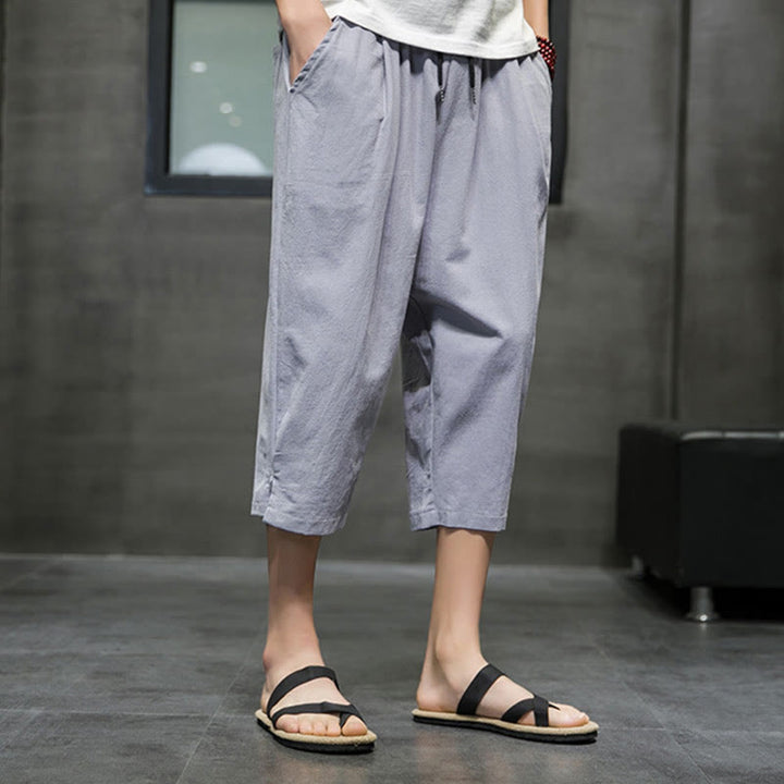 Buddha Stones Summer Men's Linen Drawstring Cropped Pants With Pockets