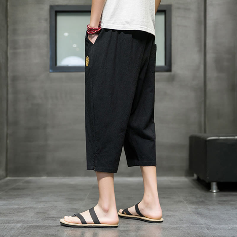 Buddha Stones Summer Men's Linen Drawstring Cropped Pants With Pockets - image 11