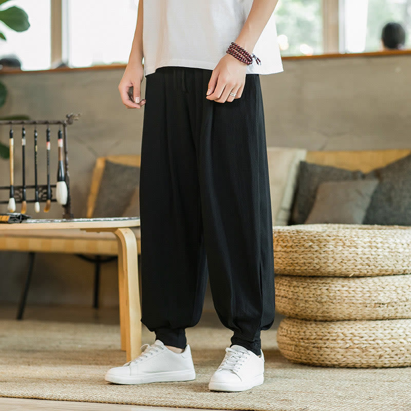 Buddha Stones Summer Plain Men's Cotton Linen Tapered Pants With Pockets