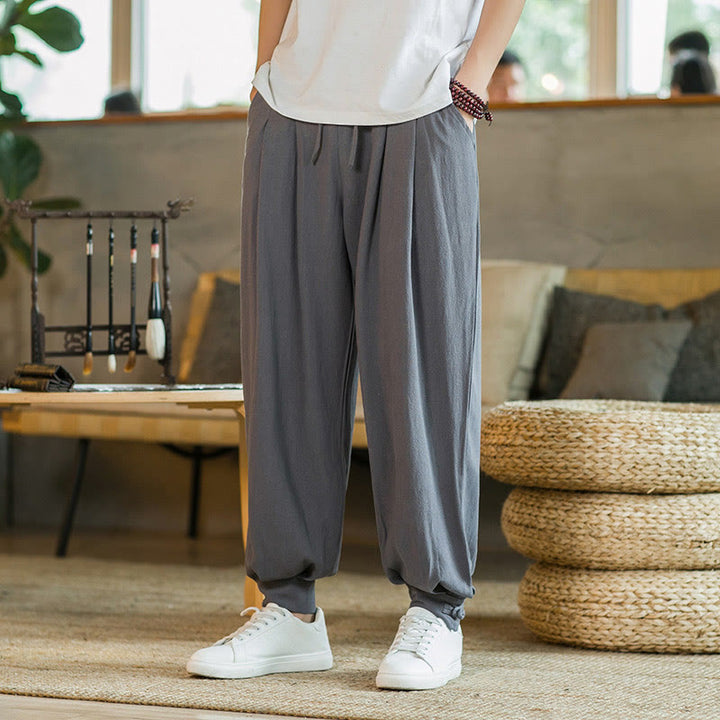 Buddha Stones Summer Plain Men's Cotton Linen Tapered Pants With Pockets