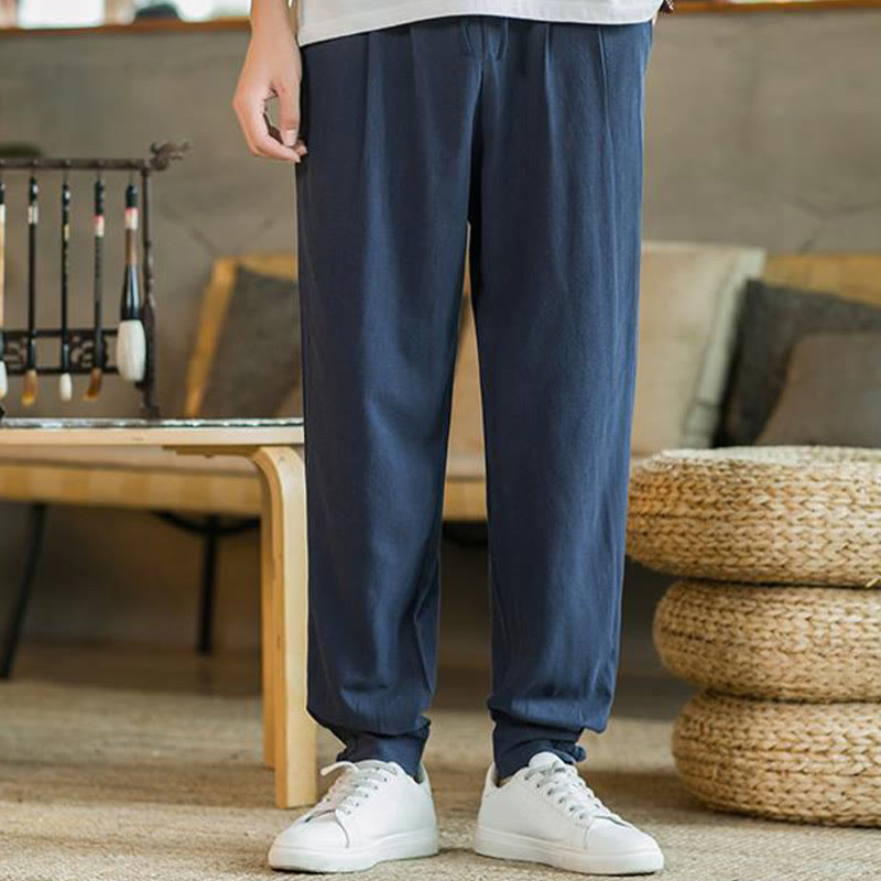 Buddha Stones Summer Plain Men's Cotton Linen Tapered Pants With Pockets