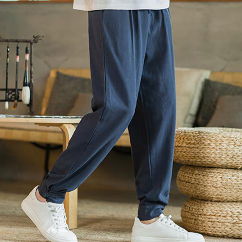 Buddha Stones Summer Plain Men's Cotton Linen Tapered Pants With Pockets