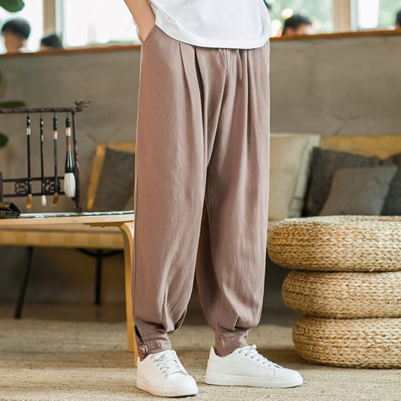 Buddha Stones Summer Plain Men's Cotton Linen Tapered Pants With Pockets - image 17