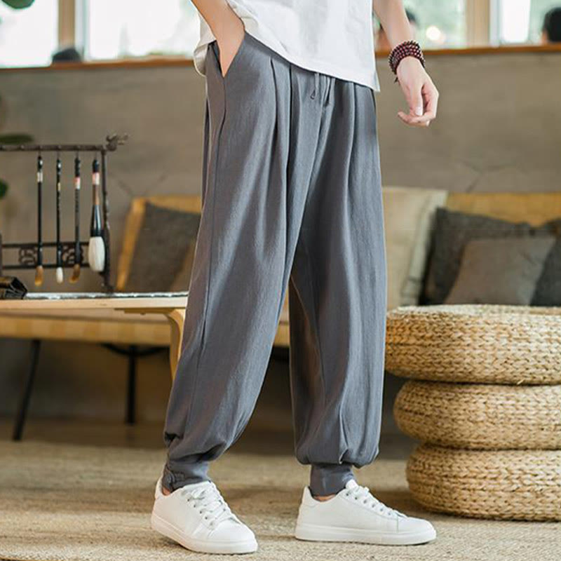 Buddha Stones Summer Plain Men's Cotton Linen Tapered Pants With Pockets