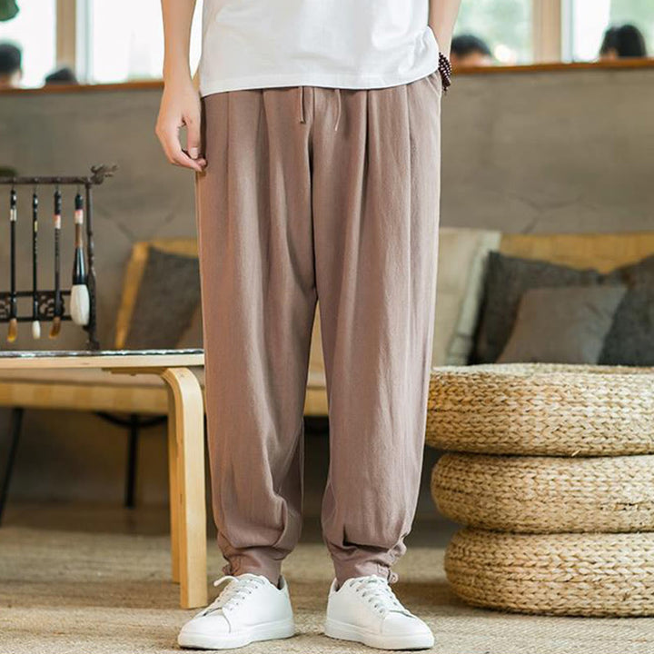 Buddha Stones Summer Plain Men's Cotton Linen Tapered Pants With Pockets