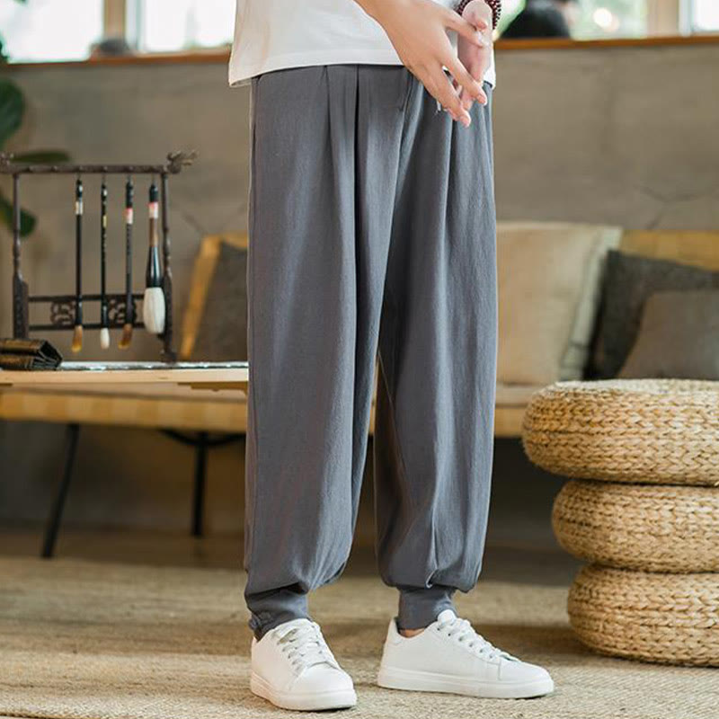 Buddha Stones Summer Plain Men's Cotton Linen Tapered Pants With Pockets - image 7