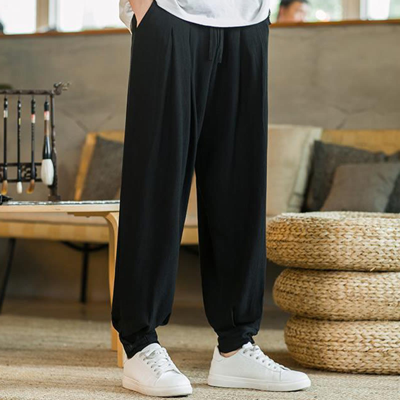 Buddha Stones Summer Plain Men's Cotton Linen Tapered Pants With Pockets