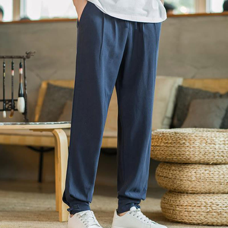 Buddha Stones Summer Plain Men's Cotton Linen Tapered Pants With Pockets - image 36