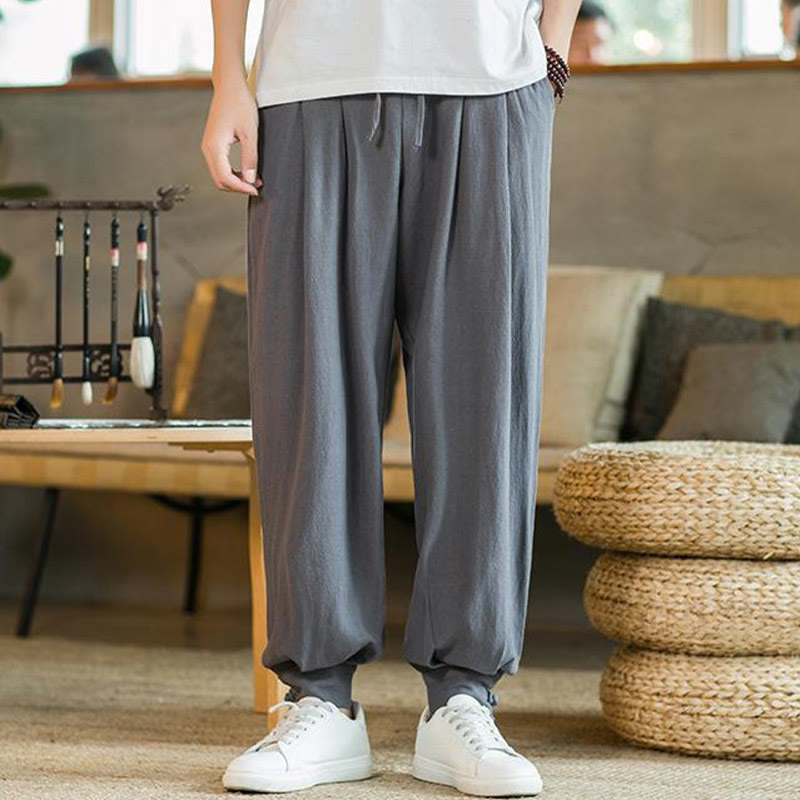 Buddha Stones Summer Plain Men's Cotton Linen Tapered Pants With Pockets - image 6