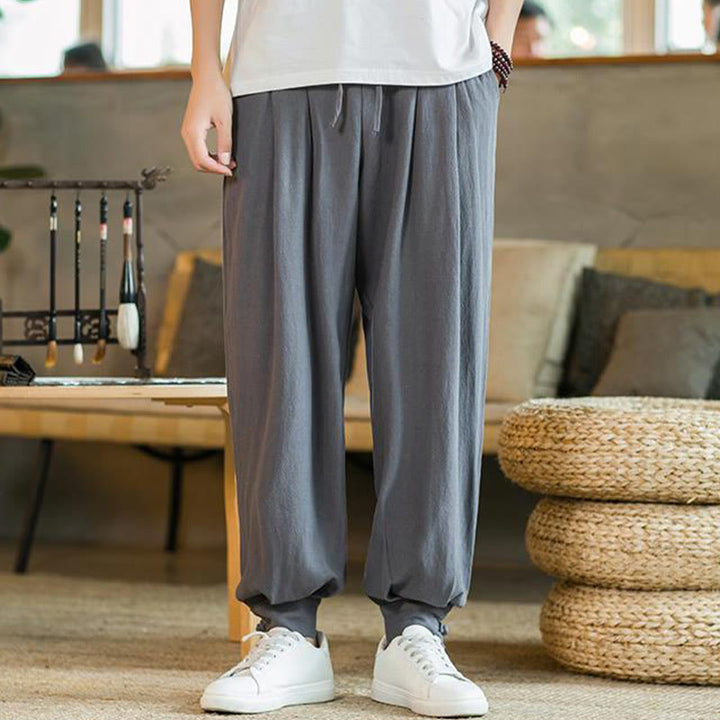 Buddha Stones Summer Plain Men's Cotton Linen Tapered Pants With Pockets - image 6