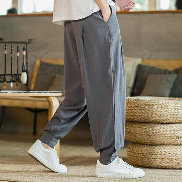 Buddha Stones Summer Plain Men's Cotton Linen Tapered Pants With Pockets - image 8
