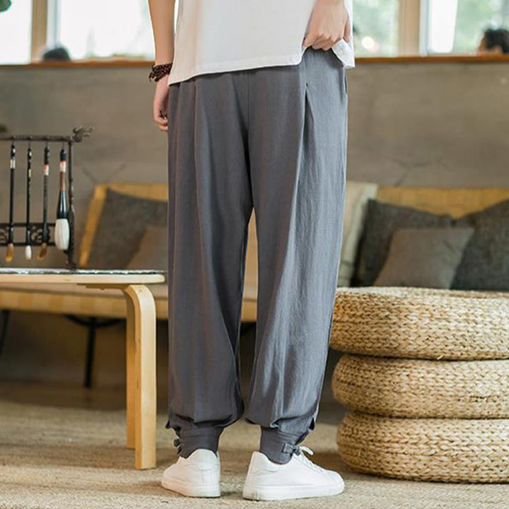 Buddha Stones Summer Plain Men's Cotton Linen Tapered Pants With Pockets - image 2