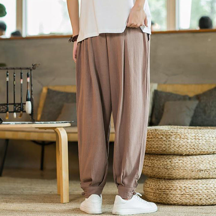 Buddha Stones Summer Plain Men's Cotton Linen Tapered Pants With Pockets