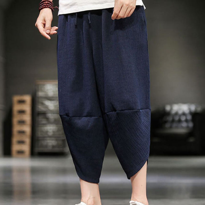 Buddha Stones Summer Solid Men's Cotton Linen Cropped Pants With Pockets