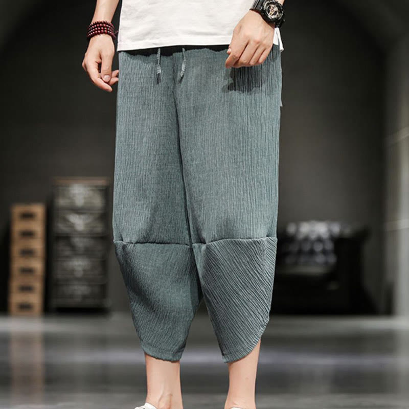 Buddha Stones Summer Solid Men's Cotton Linen Cropped Pants With Pockets