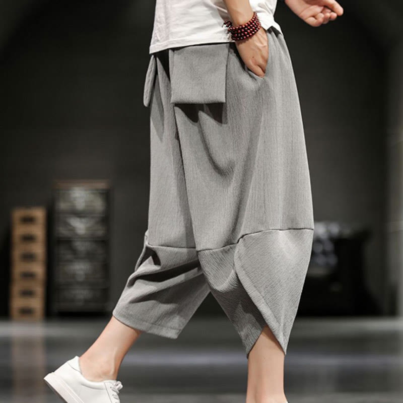 Buddha Stones Summer Solid Men's Cotton Linen Cropped Pants With Pockets - image 3