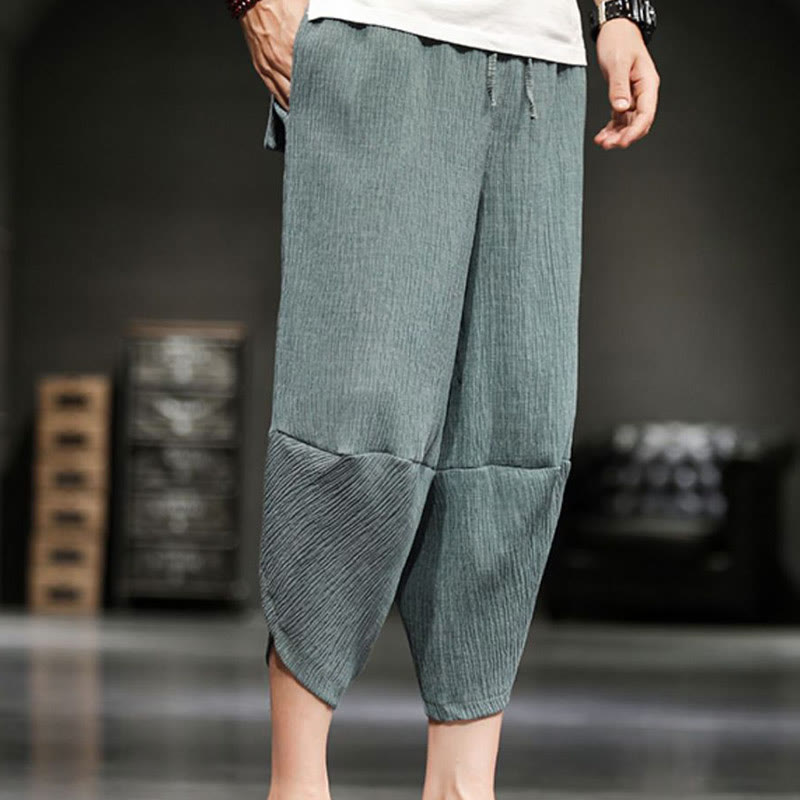 Buddha Stones Summer Solid Men's Cotton Linen Cropped Pants With Pockets