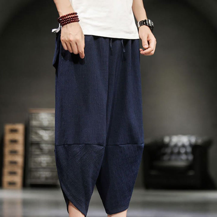 Buddha Stones Summer Solid Men's Cotton Linen Cropped Pants With Pockets