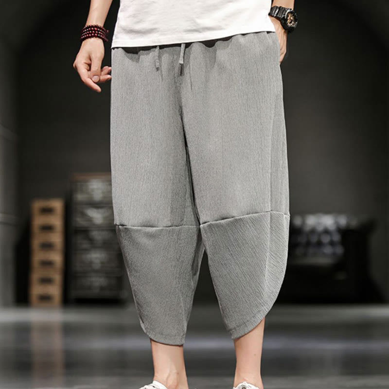 Buddha Stones Summer Solid Men's Cotton Linen Cropped Pants With Pockets