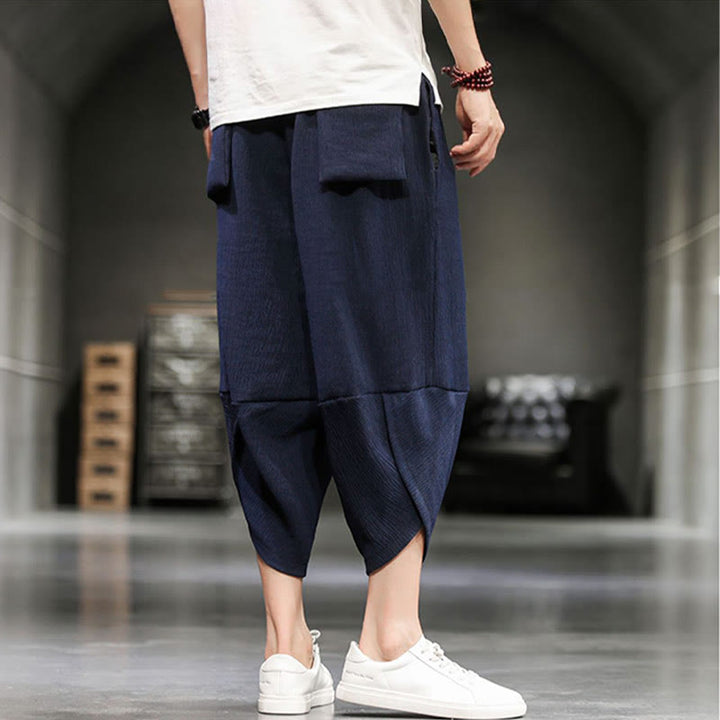 Buddha Stones Summer Solid Men's Cotton Linen Cropped Pants With Pockets