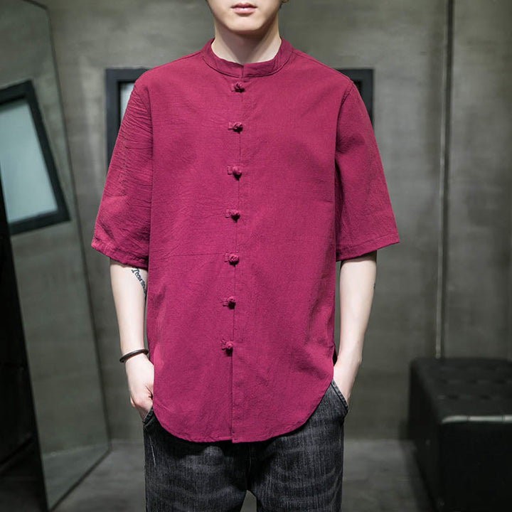 Buddha Stones Plain Color Men's Half Sleeve Cotton Shirt - MediumVioletRed - US/UK/AU46，EU56 (5XL)  - image 11