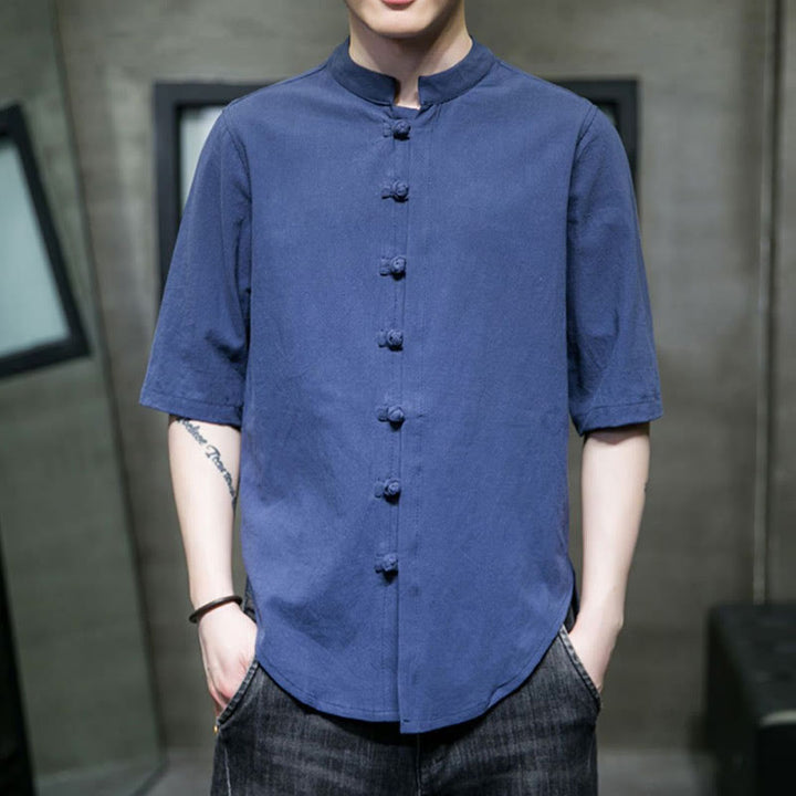 Buddha Stones Plain Color Men's Half Sleeve Cotton Shirt - SteelBlue - US/UK/AU46，EU56 (5XL)  - image 23