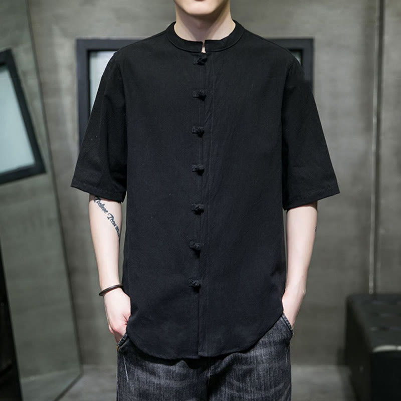 Buddha Stones Plain Color Men's Half Sleeve Cotton Shirt - Black - US/UK/AU46，EU56 (5XL)  - image 17