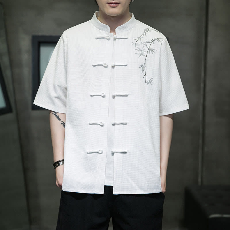 Buddha Stones Frog-Button Leaf Dragonfly Embroidery Men's Short Sleeve Shirt - White - US/UK/AU46，EU56 (5XL)  - image 1