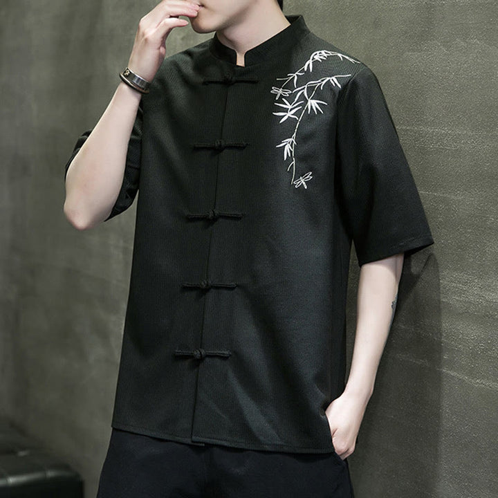 Buddha Stones Frog-Button Leaf Dragonfly Embroidery Men's Short Sleeve Shirt - image 20