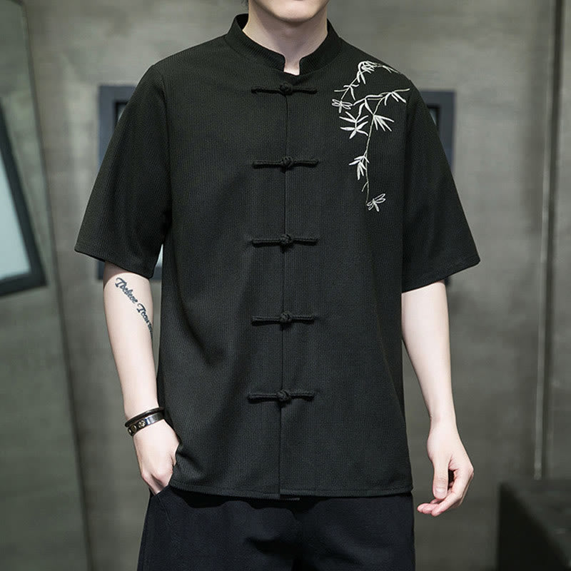 Buddha Stones Frog-Button Leaf Dragonfly Embroidery Men's Short Sleeve Shirt