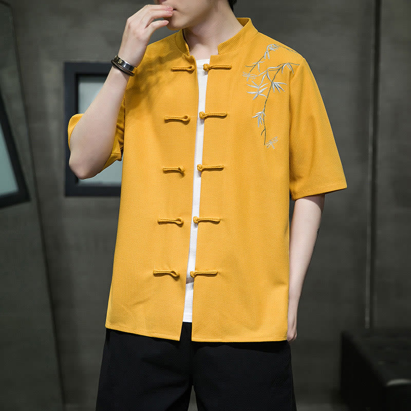 Buddha Stones Frog-Button Leaf Dragonfly Embroidery Men's Short Sleeve Shirt - image 10