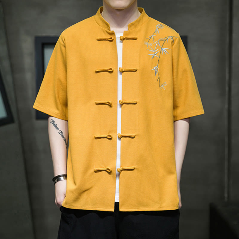 Buddha Stones Frog-Button Leaf Dragonfly Embroidery Men's Short Sleeve Shirt - Gold - US/UK/AU46，EU56 (5XL)  - image 7